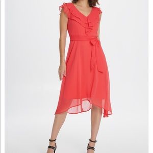DKNY Ruffle V-Neck Chiffon Coral Dress Size 4